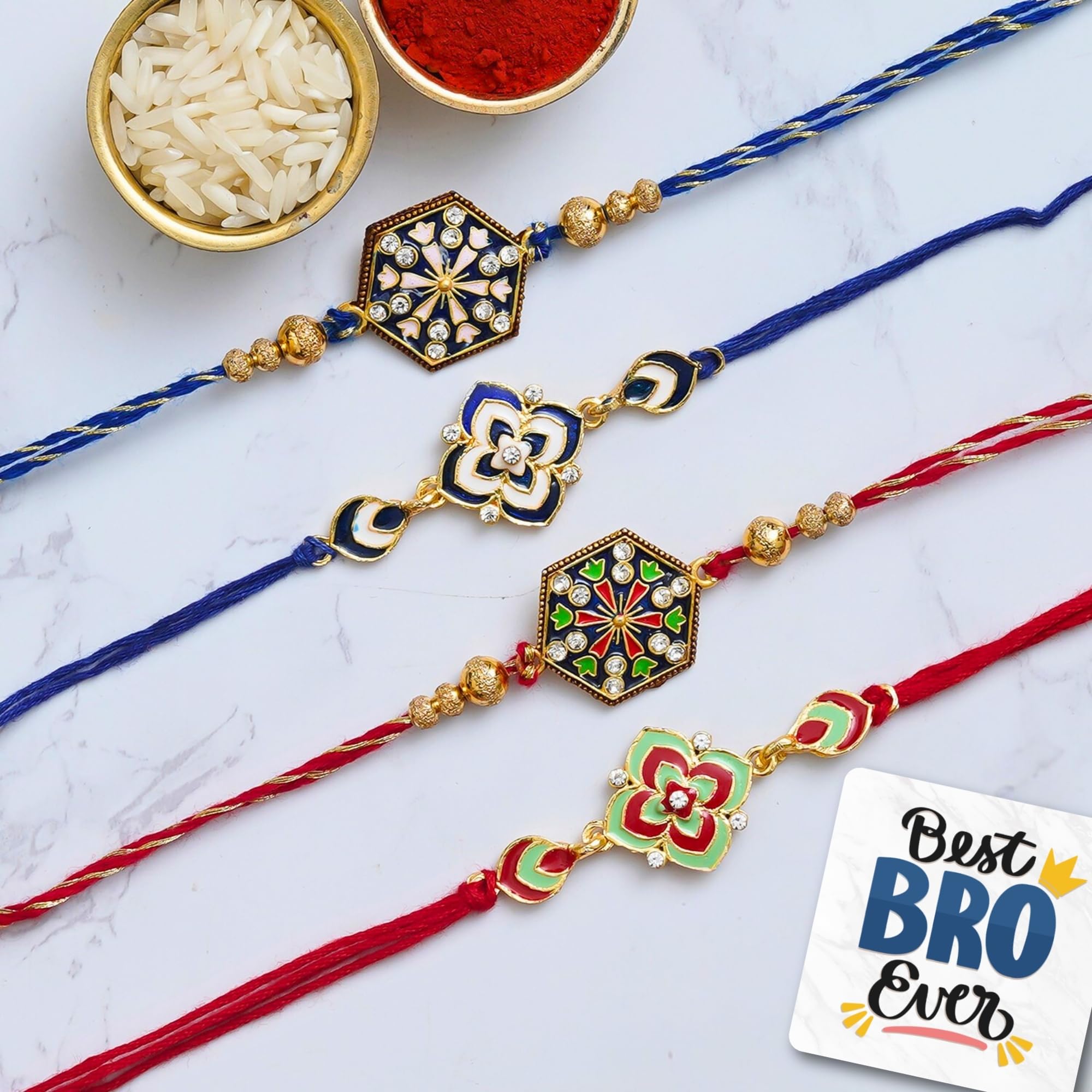 eCraftIndia Set of 4 Multicolor Semi Precious Rakhis with Roli Chawal Pack and Best Bro Ever Fridge Magnet - Rakhi for Brother, Bhaiya, Bhai