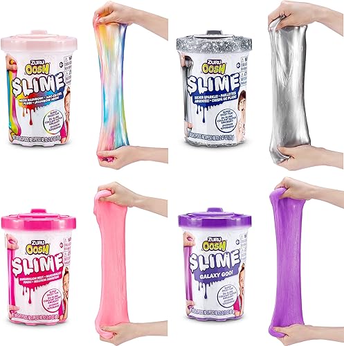 Oosh Slime - Tina pequeña de 2.47oz (paquete de 4) por ZURU, slime Gooey y slime elástico épico para niñas y niños (arcoíris, rosa, morado, plateado)