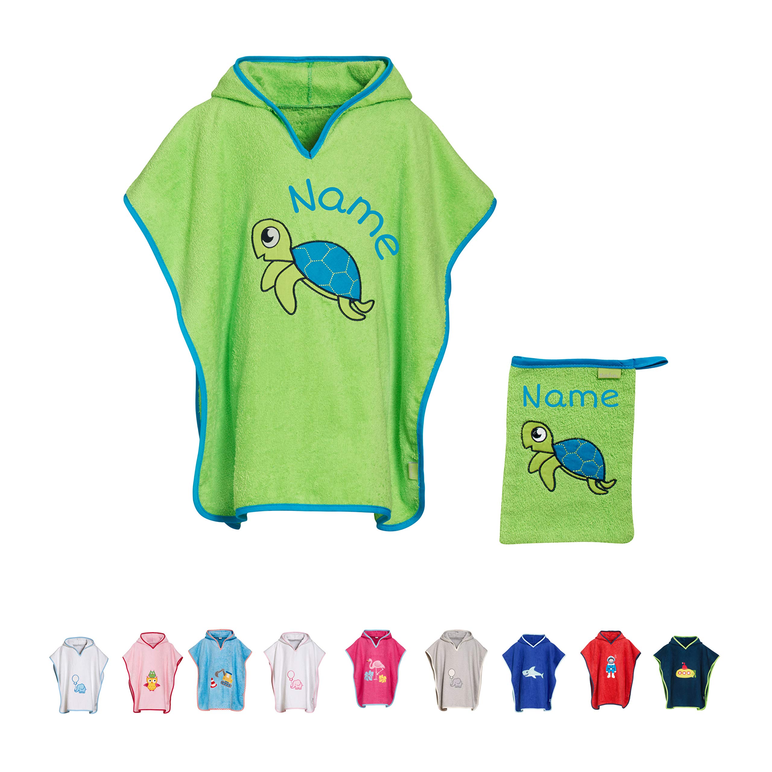 SET Kinder Badetuch Poncho und Waschhandschuh Waschlappen bestickt Playshoes | personalisiert mit Namen | Baby Kapuze Bademantel | Robe | Baumwolle