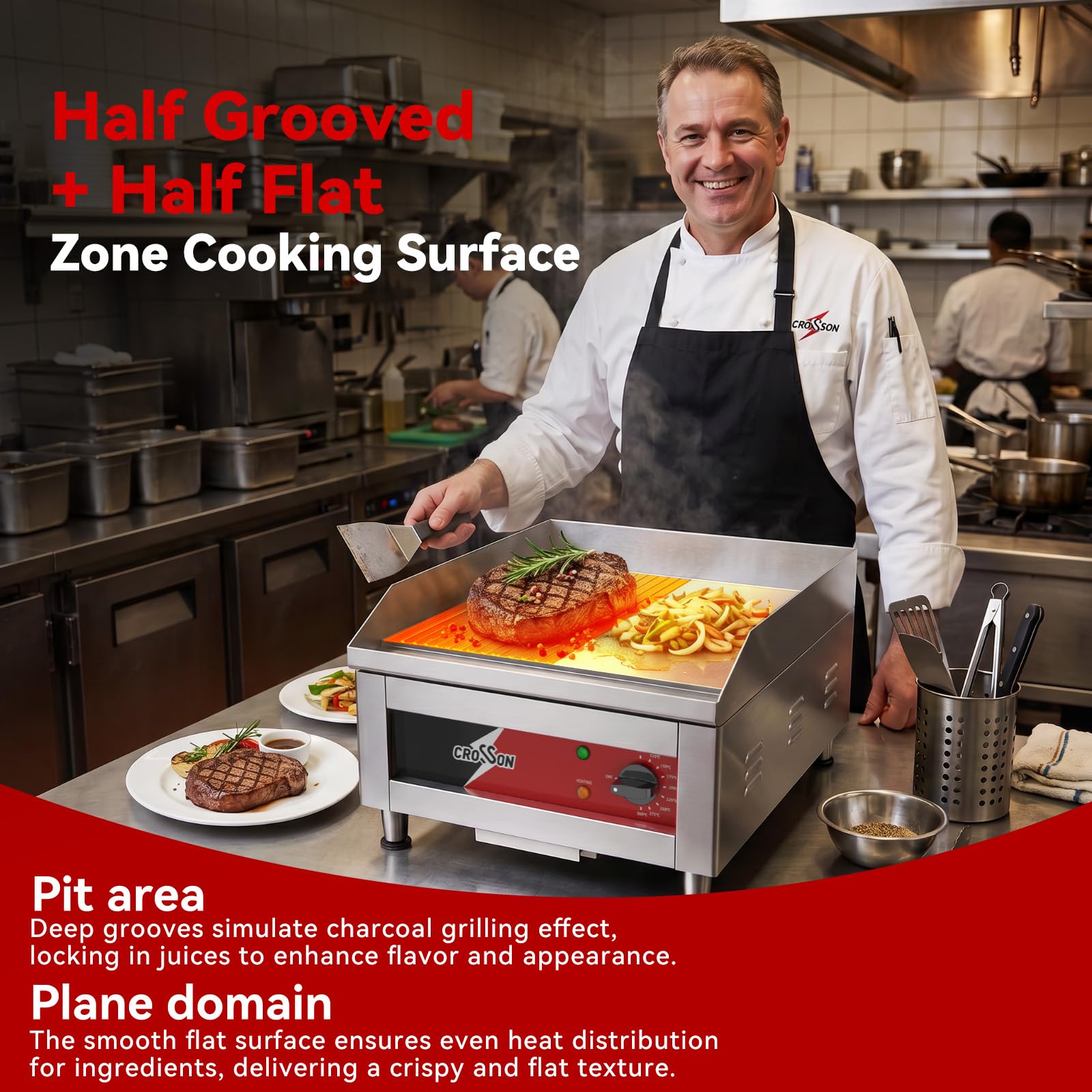 CROSSON Plancha Eléctrica Comercial 2500W, Plancha Eléctrica Cocinar Profesional de Fundición de 10mm de Espesor Anti-adhesivo 40x40 cm,Temperatura de 88-300 °C,para Restaurante,Cocinas
