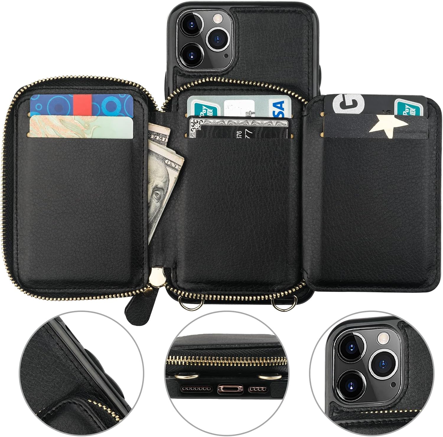 Bocasal RFID Blocking Wallet Case for iPhone 11 Pro Max, Adjustable Crossbody Zipper Purse with Kickstand and Detachable Wrist Strap, PU Leather Flip Folio Case, 6.5 Inch (Black) - Image 9