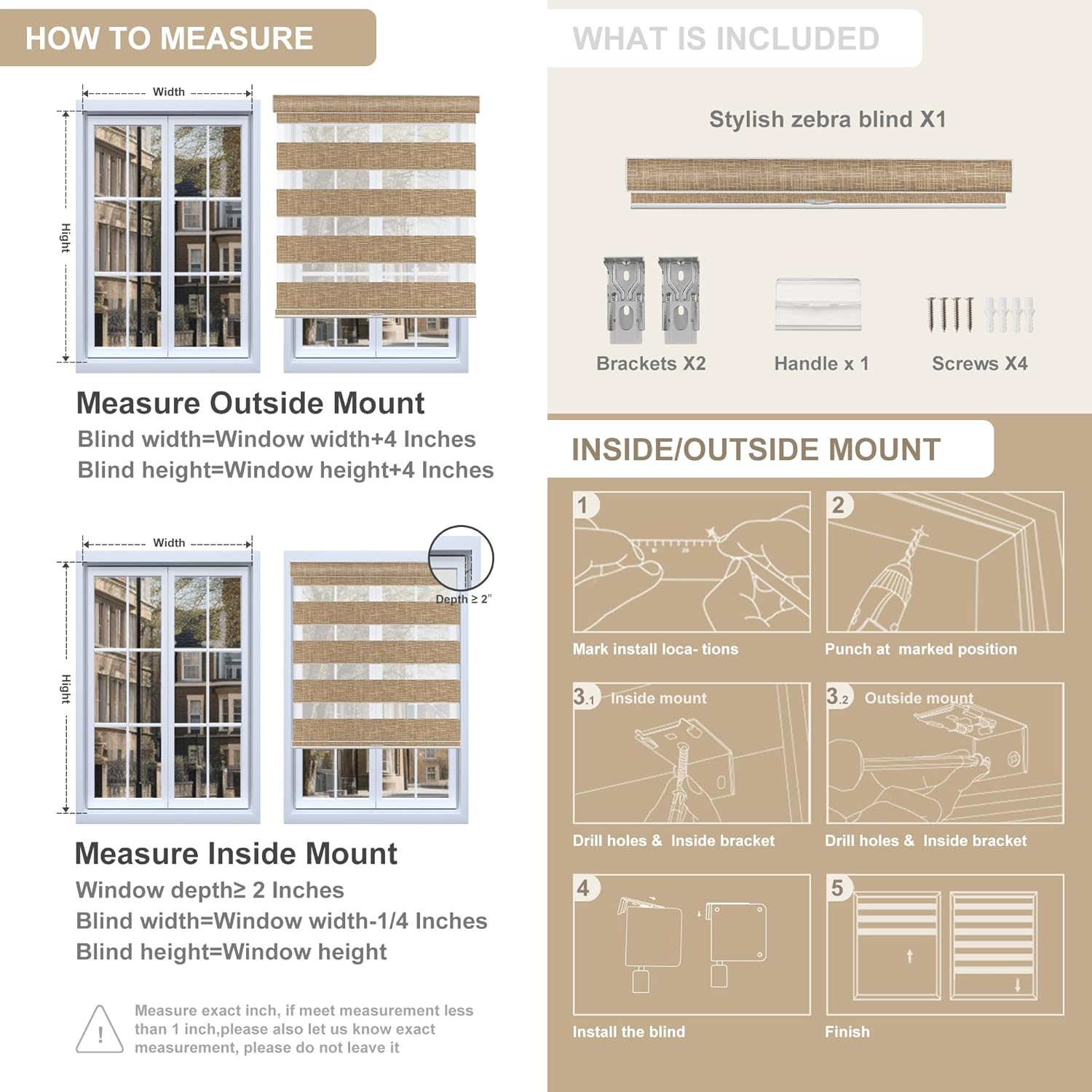 Boolegon Cordless Zebra Blinds for Windows, Free-Stop, Dual Layer Zebra Blinds for Indoor Windows, Filtering Light Control for Day & Night, Sheer Shades for Home or Office, Sand Brown, Custom Sizes