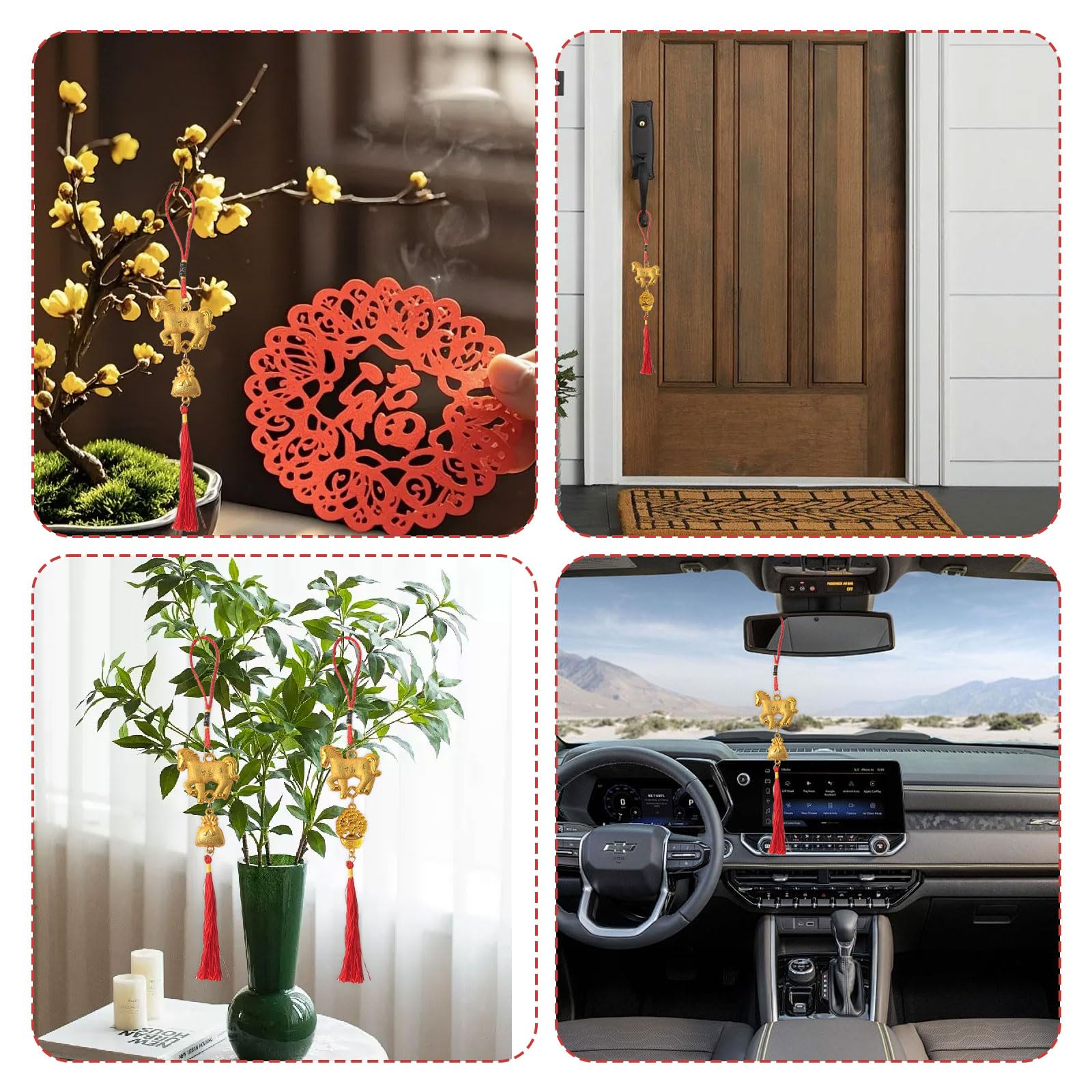 12 sztuk zawieszek z rokiem konia, Feng Shui, chińskie dekoracje noworoczne z chińskimi węzłami i frędzlami, na wiosnę, festiwal, księżyc, Nowy Rok, dekoracja samochodu (złoto-czerwone)