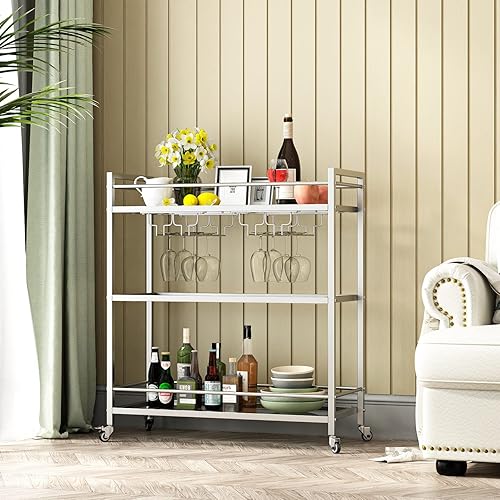 Miniatura 4 de Carritos de barra de cristal plateado para el hogar con estante colgante para vinos, carrito de servicio de bar en casa con 3 estantes espejados,