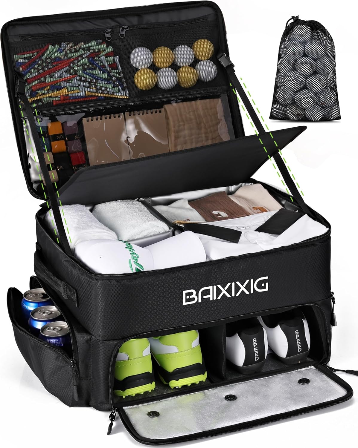 Golf Trunk Organizer, Waterproof Car Golf Locker with Separate Ventilated Compartment for 2 Pair Shoes, Golf Storage for Balls, Tees, Cap, Clothes, Gloves, Accessories, Gifts for Men, Women