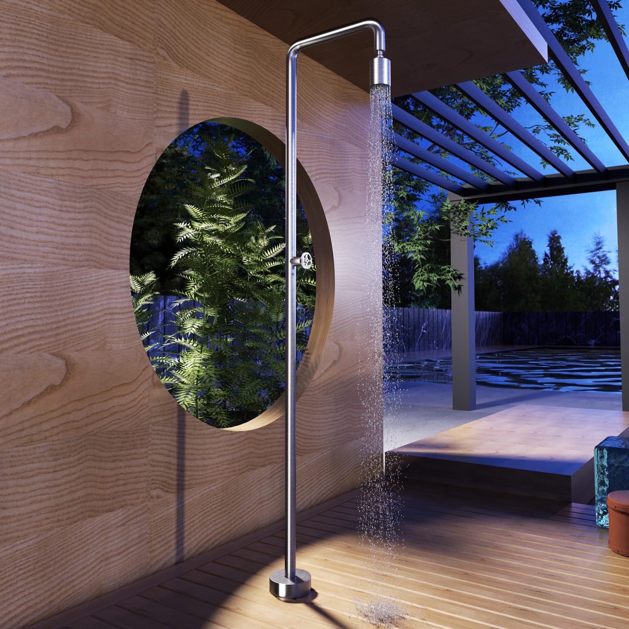 NOLUXA IMEX - Ducha Piscina Exterior Acero S.316 | Ducha Empotrada Suelo para Jardín, Piscina y Terraza | Grifería 1 vía (Agua Fría) con Rociador y Tratamiento Anticorrosión | Serie Pool
