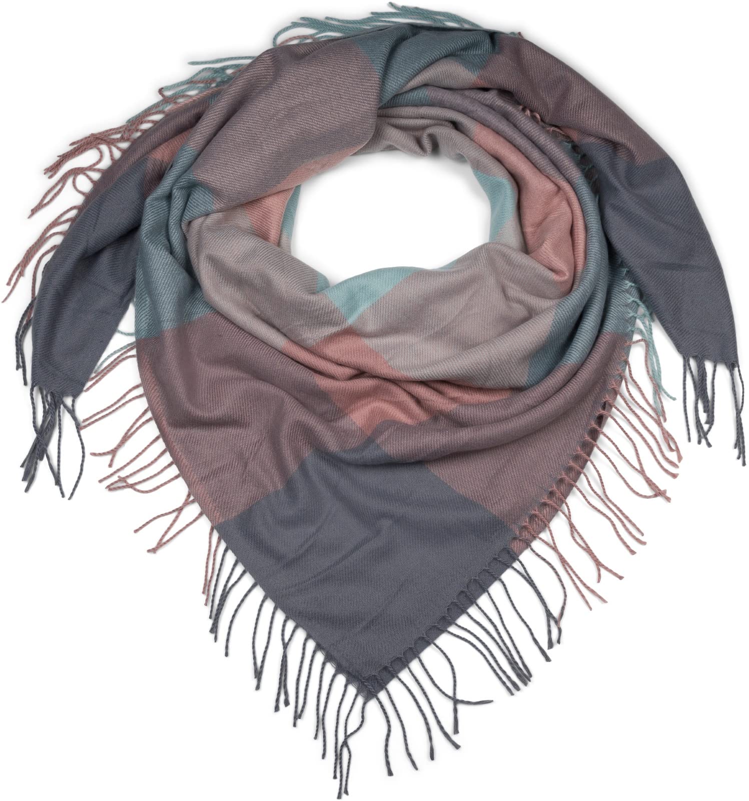 styleBREAKER women square scarf XXL blanket scarf with check print and long fringing, winter scarf, stole, shawl 01017116, Colour:Rose-Mint-Grey