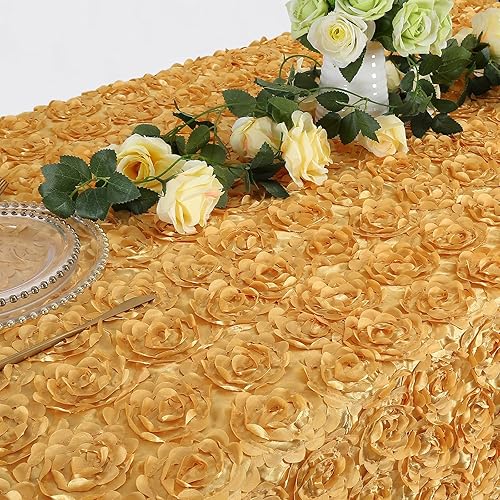 Miniatura 7 de Fanqisi Mantel rectangular de satén floral 3D de 90 x 132 pulgadas, manteles de roseta dorada para bodas, fiestas, baby shower, comedor, decoración
