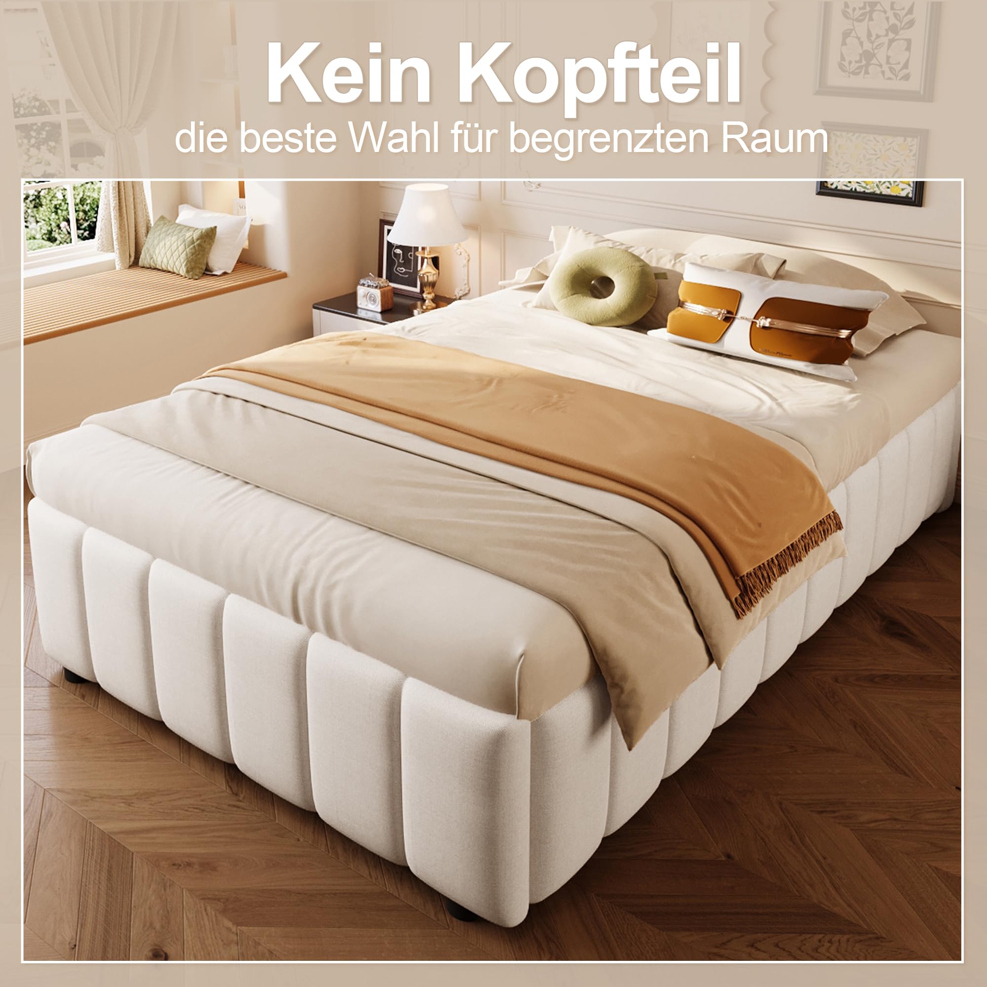 Cama tapizada con almacenamiento hidráulico, 90 x 200 cm, sin cabecero, sin colchón, beige, lino, MDF