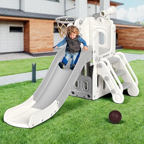 Miniatura 6 de KORIMEFA Juegos de parque infantil 5 en 1 para patios traseros al aire libre, juego de tobogán para niños en interiores con almacenamiento y pelota