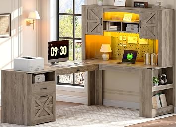 67 L Shaped Executive Desk with Hutch, Farmhouse Corner Computer Desk with File Drawer, Wooden Office Desk with Storage Shelves and LED Lights for Home Office, Grey