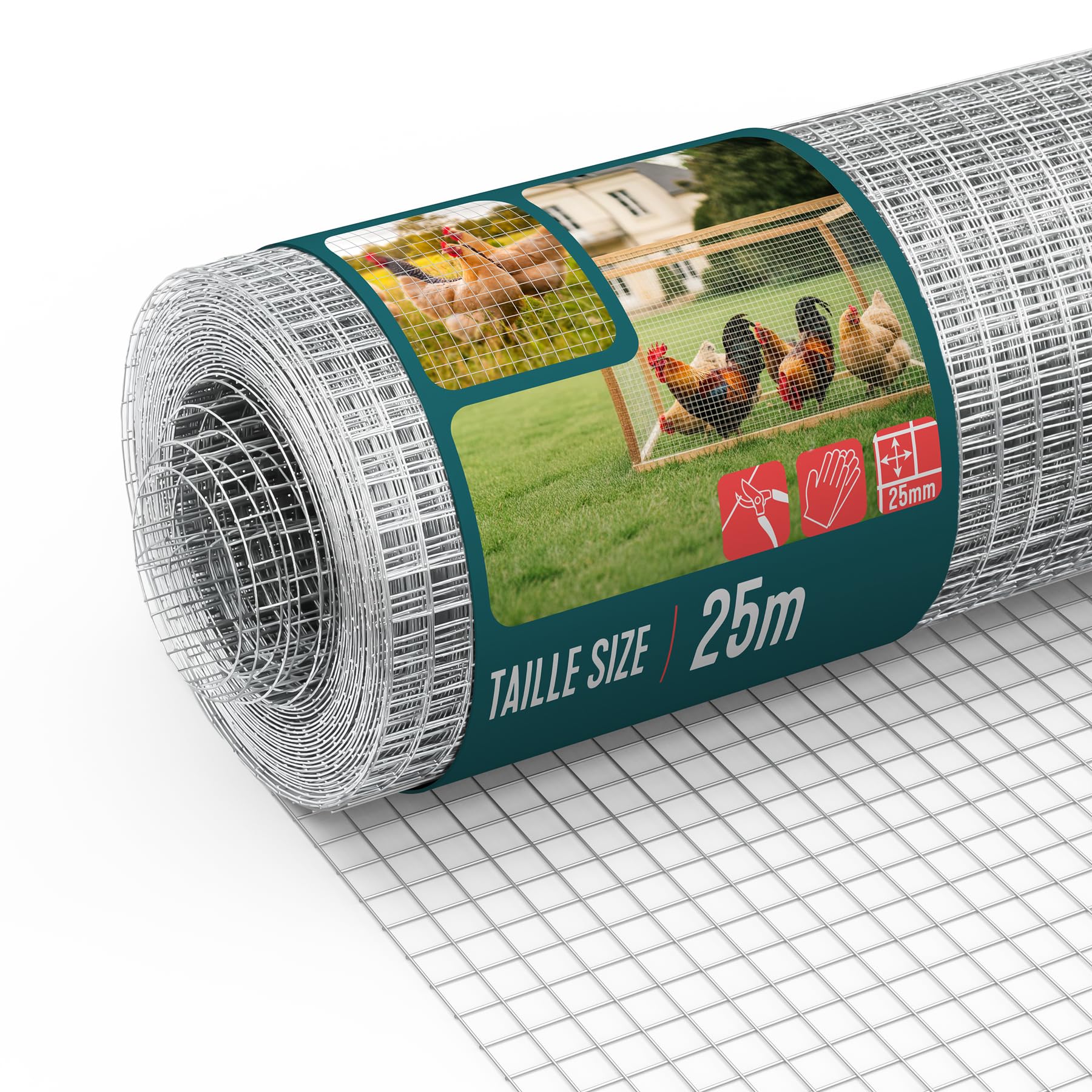 VOUNOT® Galvanised Welded Wire Mesh Roll 0.5 x 25m, 25mm Mesh, 1mm Wire Thickness, Metal Garden Fencing for Small Animals, Poultry, Chicken Coop, Grey