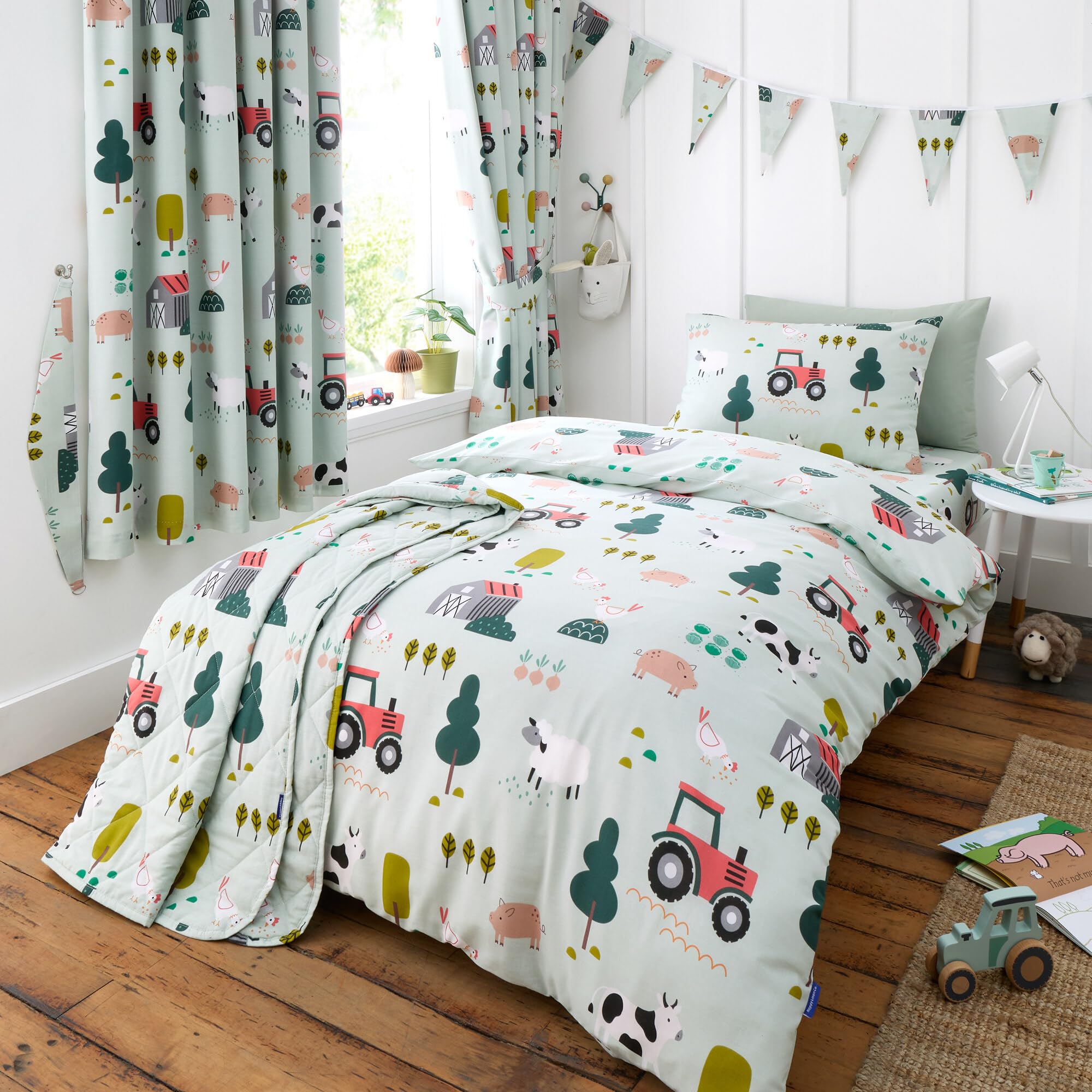 Happy Linen Company Girls Boys Kids Barn Yard Farm Green Toddler Cot Bed Reversible Soft Easy Care Bed Linen Duvet Cover Quilt Bedding Set With Pillow Case