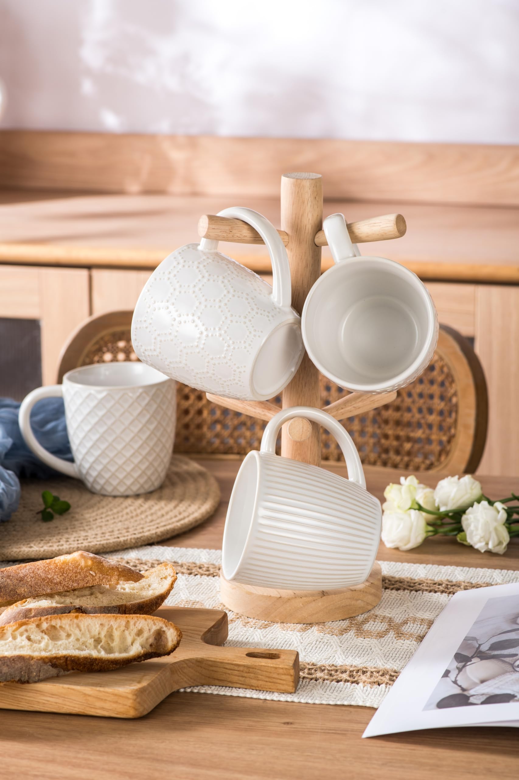 Holise - Juego de 4 tazas de café de cerámica de 14 onzas con asa, juego de tazas de cerámica en relieve para capuchino, latte, té, chocolate caliente y leche, regalos de inauguración de la casa, apto