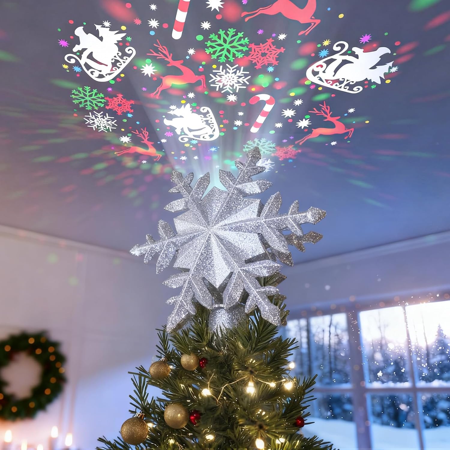 DG-Direct Christmas Tree Topper Lighted with 6 Projected Patterns, Led Rotating Magic Snowflake, 3D Hollow Glitter Lighted Silver Snow Tree Topper for Christmas Tree Decorations, Silver Silver 6