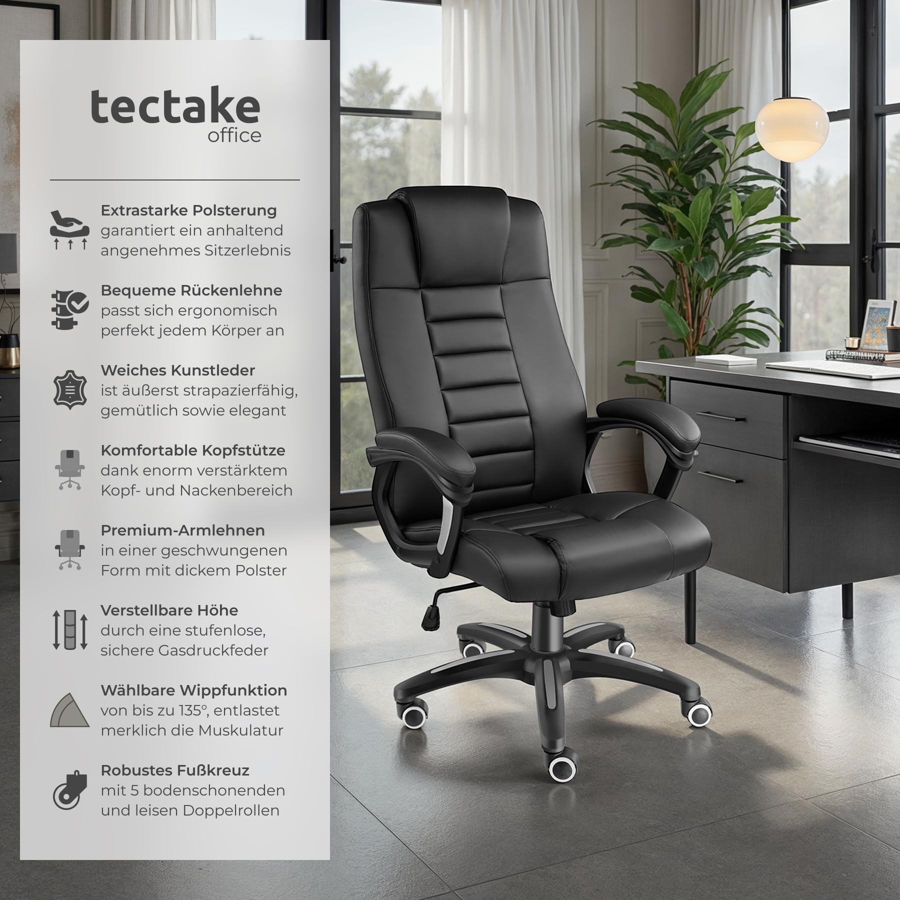 tectake® Bürostuhl, Chefsessel, Drehstuhl mit Rollen, Computerstuhl, höhenverstellbarer Schreibtischstuhl, ergonomischer Bürostuhl aus Kunstleder, Armlehnen & Wippfunktion, 12 cm Polsterung - schwarz