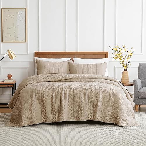palassio Juego de ropa de cama de 100 % algodón de color beige oscuro, tamaño California California King con fundas de almohada, colcha ligera y