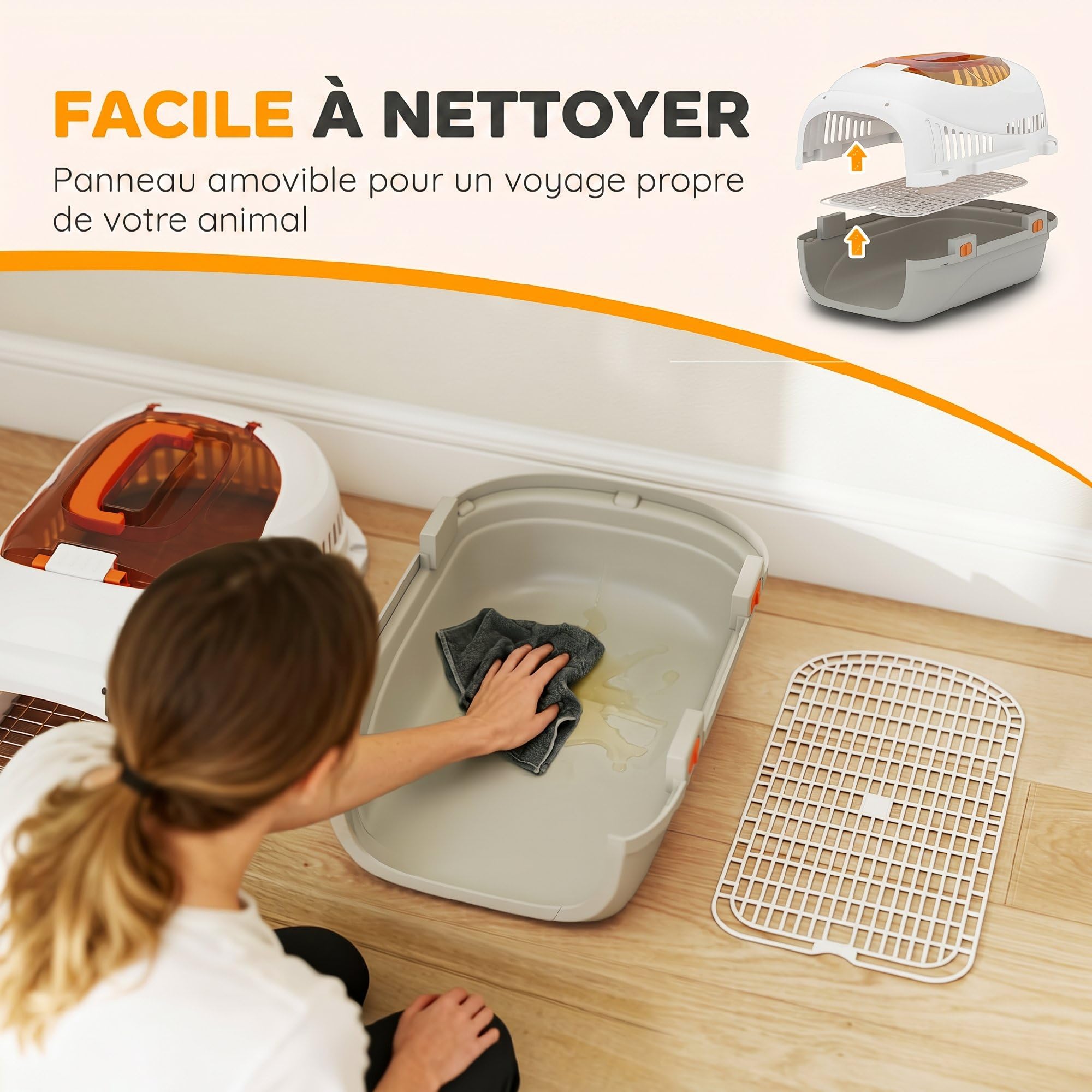 PawHut Caisse de Transport Chat et Chien, Cage de Transport pour Chats et Petits Chiens jusqu'à 4 kg, Porte Acier, Bol de Nourriture, Fermeture sécurisée, 49 x 32 x 31 cm, Gris et crème