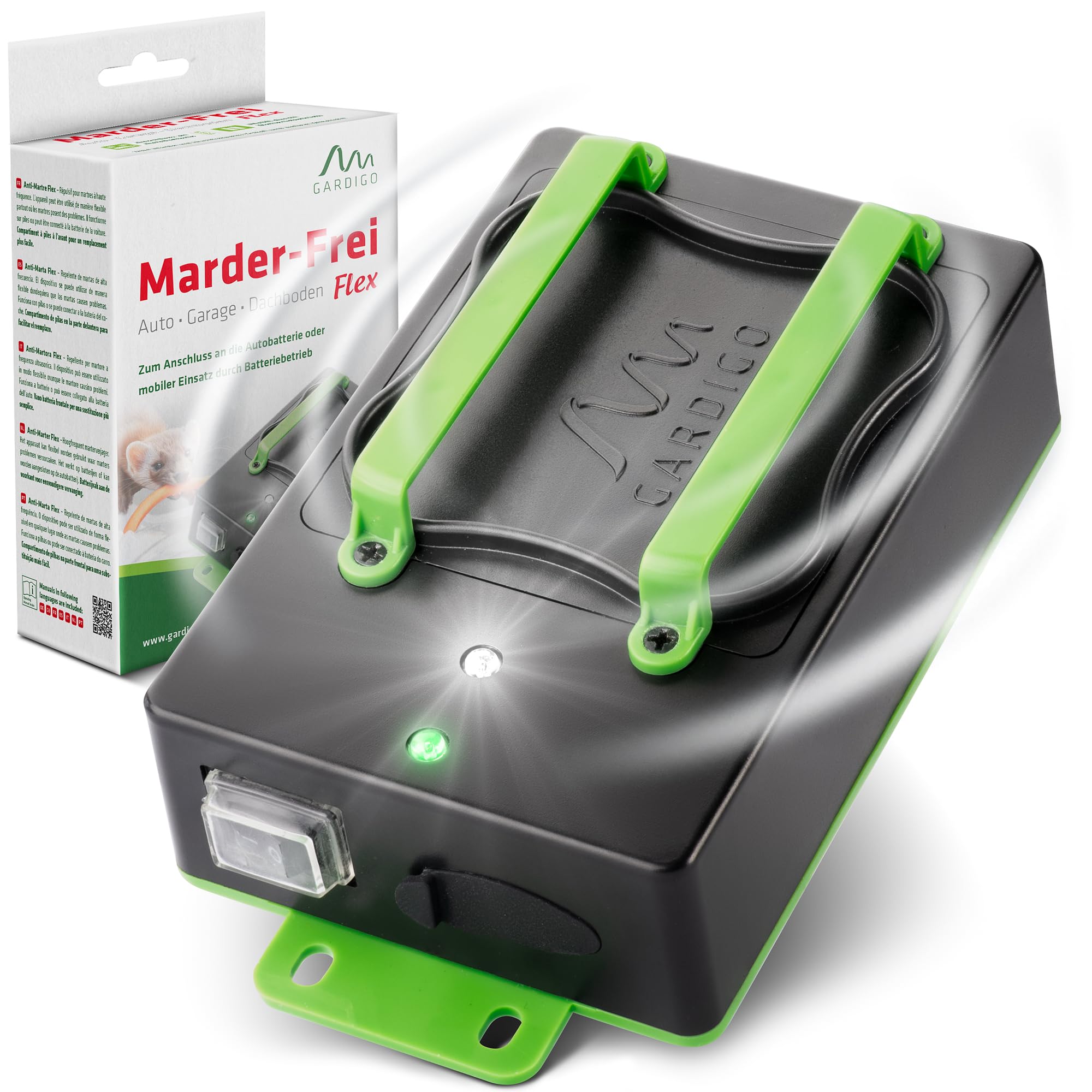 Gardigo® Anti Martre Voiture à Ultrason & Flash LED - Répulsif Fouine, Souris, Rats, Rongeurs - sur Piles ou Batterie Auto - Idéal pour Voitures, Greniers, Étables