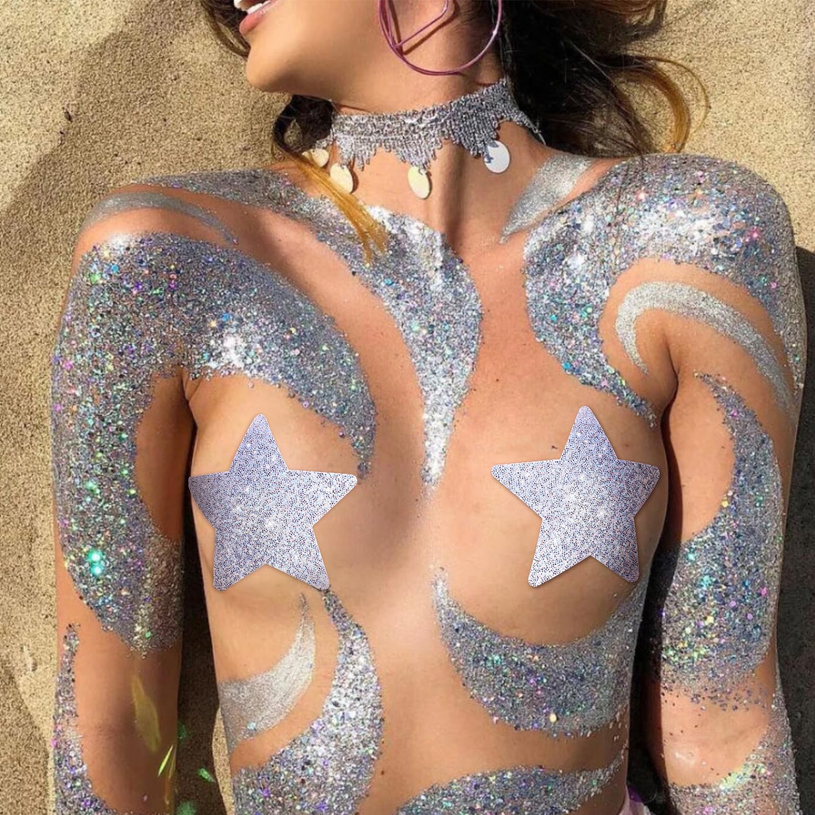 Tripetals Glitters Pasties Nipple Covers Stickers for Women Rave Party Disposable Sticky Breast Petals: Silver 12