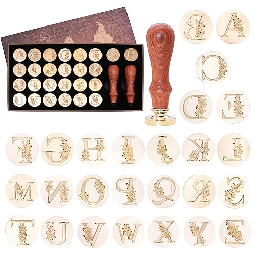 SWANGSA Kit de sellos de cera del alfabeto, hojas botánicas vintage, 26 letras A-Z con 2 asas de madera para invitación de boda, envoltura de