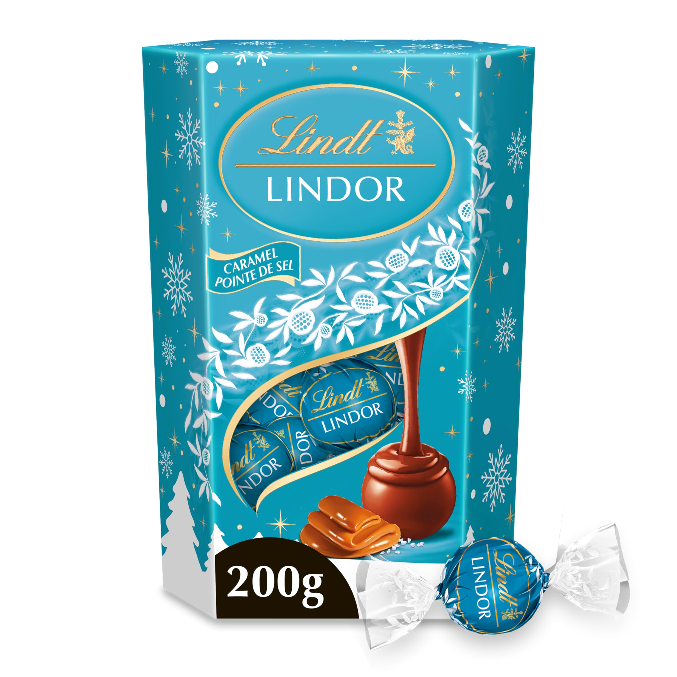 Lindt - Cornet LINDOR - Chocolat au Lait et Caramel Pointe de Sel - Cœur fondant - Idéal pour Noël, 200g