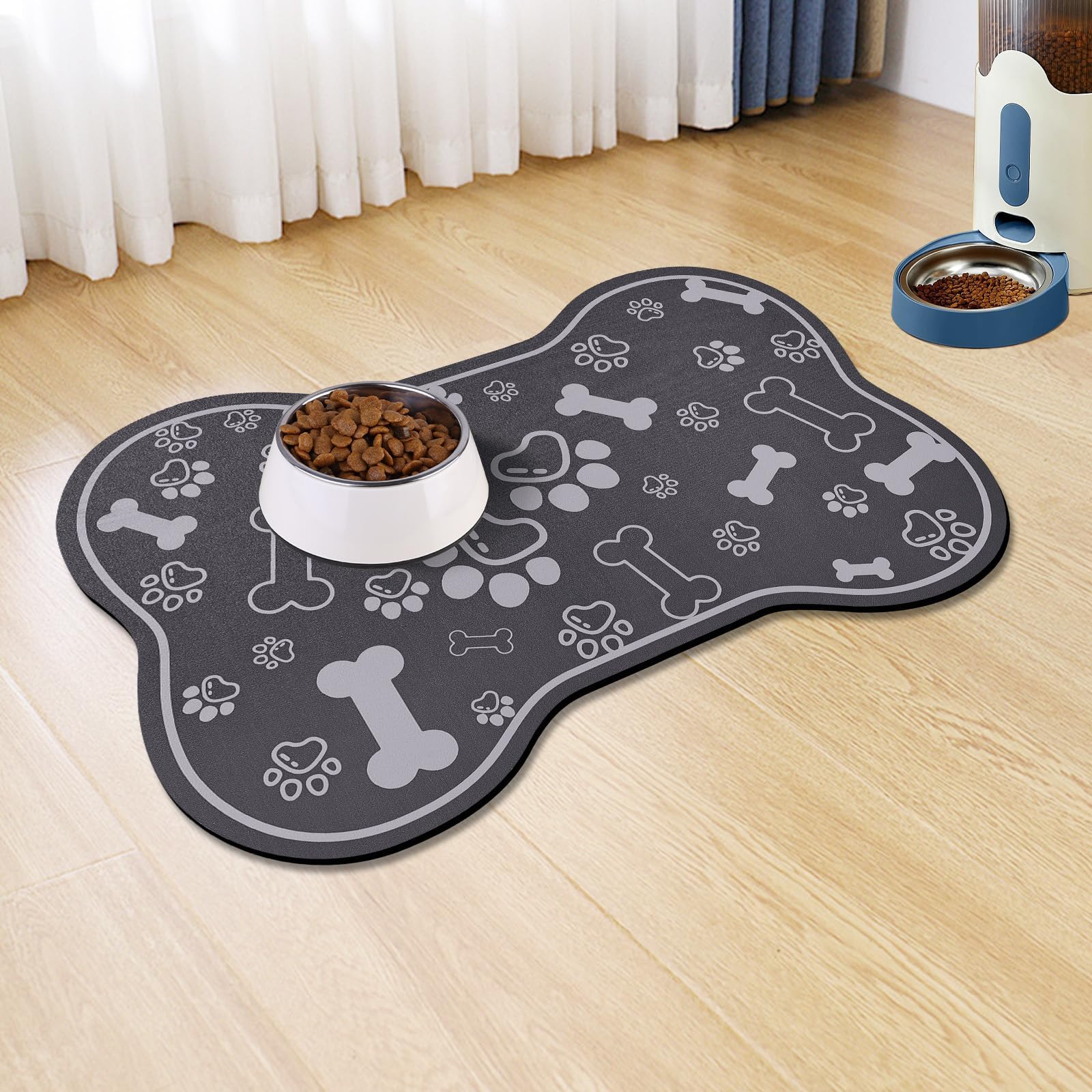 Dog Cat Food Mat,Rapid Absorbent Pet Feeding Mat, Bone Shaped Dog Placemat Water Bowl Mat, 12x18" Dark Grey