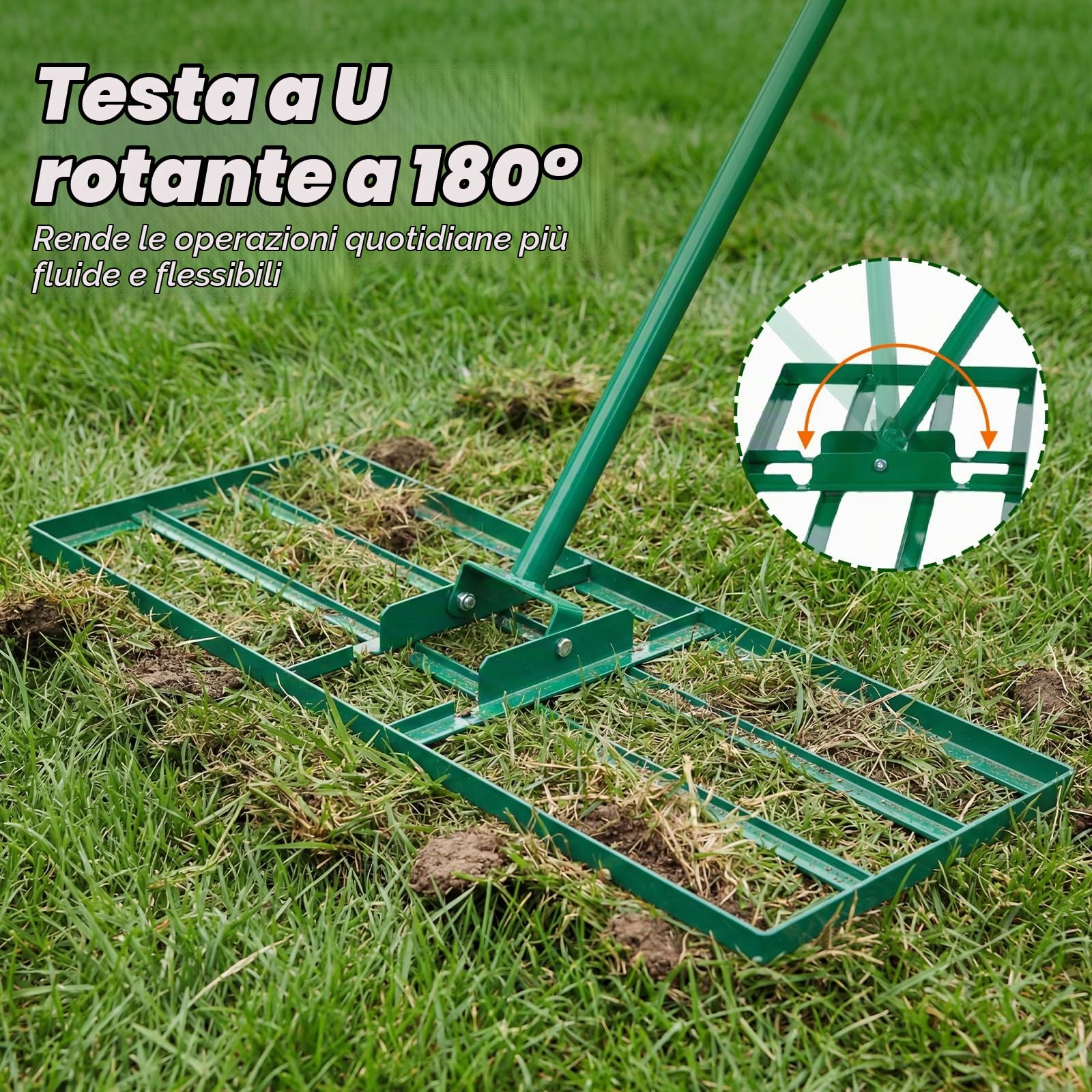 FANTASK Rastrello livellante in metallo, 170 x 75 cm x 25 cm, livellamento rastrello per prato con impugnatura ergonomica, strumento per prato per giardino, cortile, campo da golf (verde)