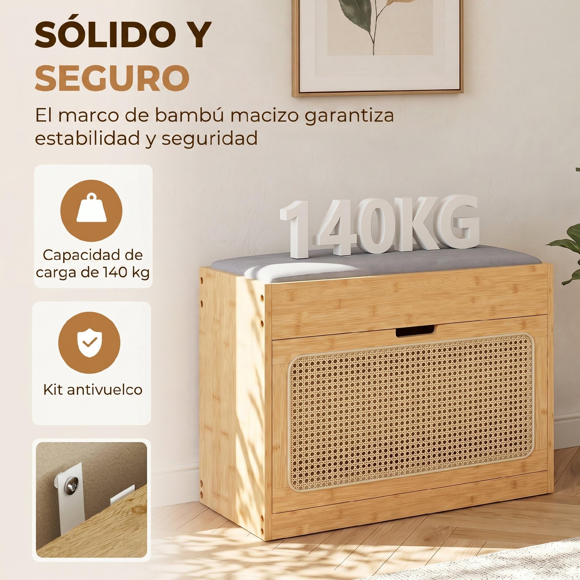 HOMCOM Banco Zapatero con Asiento Acolchado 63x29x48 cm Natural y Gris | Banco Recibidor, Cajón Abatible, Puerta de Ratán, Estante Ajustable, para Entrada, Pasillo, Salón