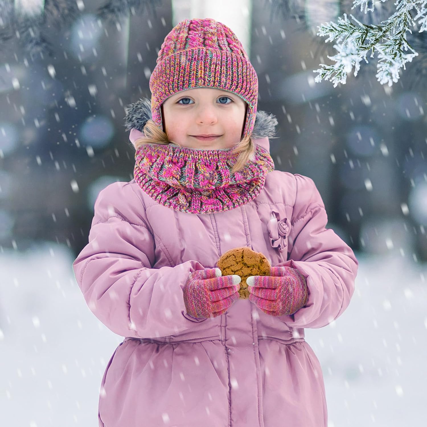 Jansun Kids Winter Hat Gloves Scarf Set, Toddler Children Hats Beanie with Earflaps Knit Neck Warmer Gaiter Mittens Fleece Lined Set for Boys Girls 4-12 - Image 2