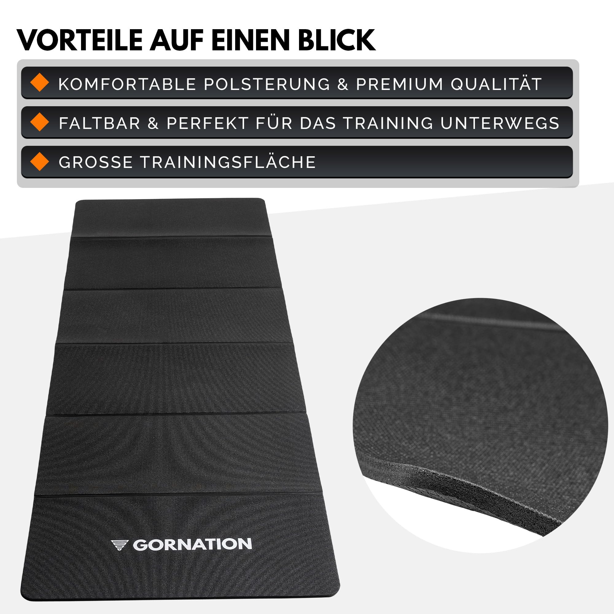 GORNATION Faltbare Yogamatte – Rutschfeste Fitnessmatte für Zuhause & Outdoor, Weiche Gymnastikmatte mit Tragegurt, Klappbare Trainingsmatte für Yoga, Pilates, Stretching & Home Gym, 180x65cm