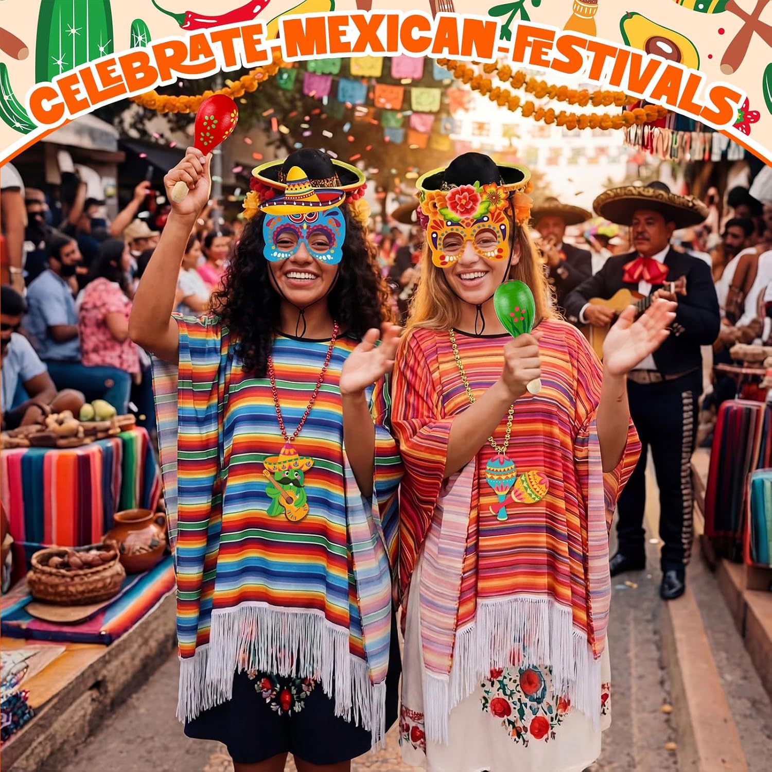 Eurzom Mexican Costume Sombrero Set Necklaces Hat Eyeglasses Sock Poncho Maraca for Fiesta Cinco De Mayo Party