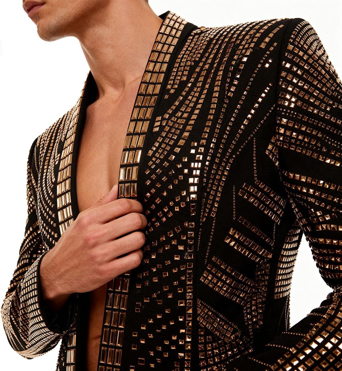 Men's Black and Gold Sequined Wedding Performance Party high-end Fitted Luxurious Full Sequin Suit Jacket - Image 3