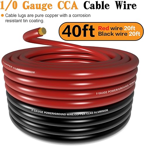 Miniatura 5 de Taukealugs Cable de calibre 10 de aluminio revestido de cobre CCA de 40 pies negrorojo con terminales 0ga y tubo termorretráctil  Cable de