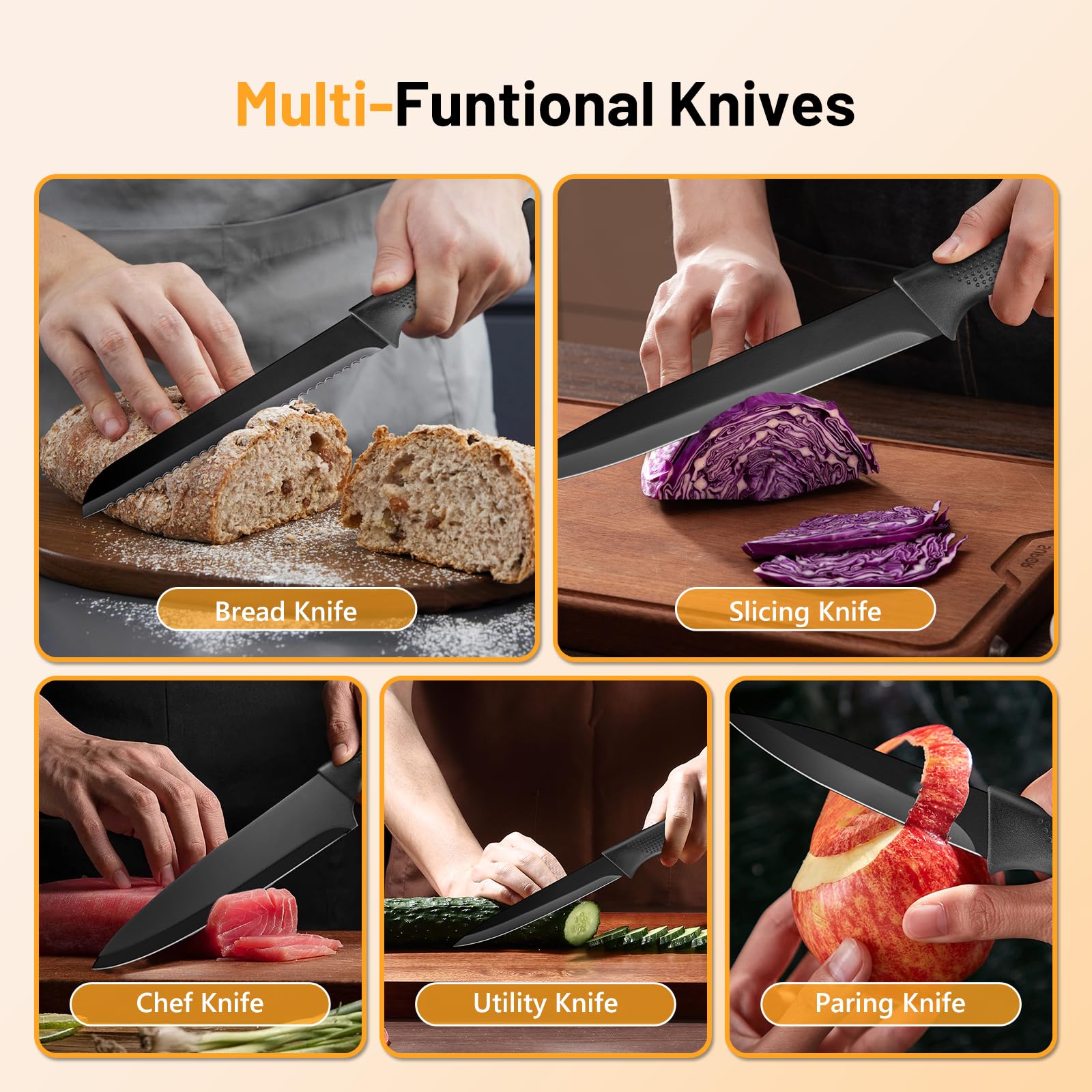 VINATO Juego de Cuchillos de Cocina, de 7 Piezas con Bloque y Afilador de Cuchillos Integrado, Set Cuchillos Cocina con 5 Cuchillos Diferentes y 1 par de Tijeras, Negro