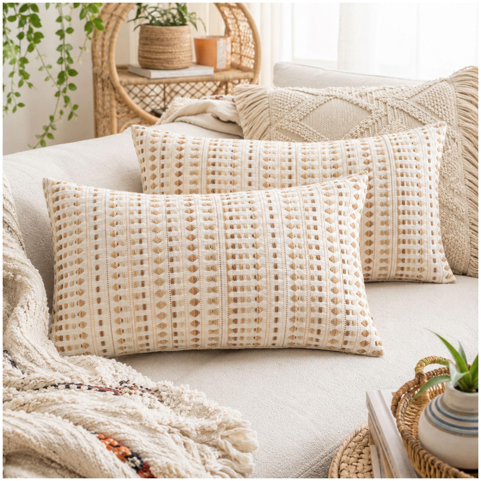 Zealax 12x20 Boho Throw Pillow Covers Lumbar Decorative Neutral Farmhouse Cushion Covers for Couch Bed Living Room, Cotton Textured Striped Pillowcases Set of 2, Latte