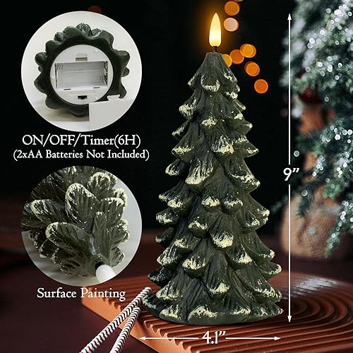 Miniatura 4 de Velas parpadeantes sin llama en forma de árbol de Navidad, velas LED de cera real verde que funcionan con pilas con temporizador para decoración de