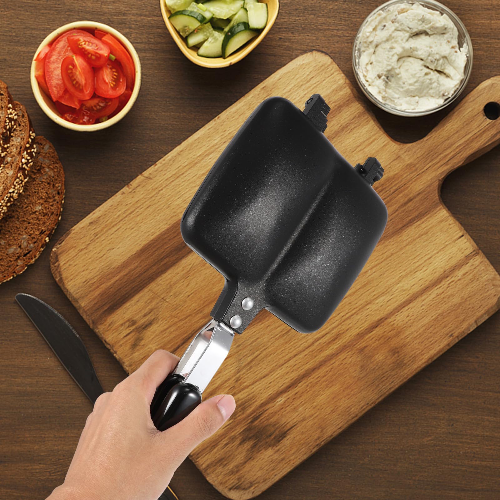 Kichvoe Sartén Sandwichera de Doble Cara Antiadherente y Fácil de Limpiar Molde para Sándwiches y Pan Tostado, Aluminio Negro para Hogar y Exteriores