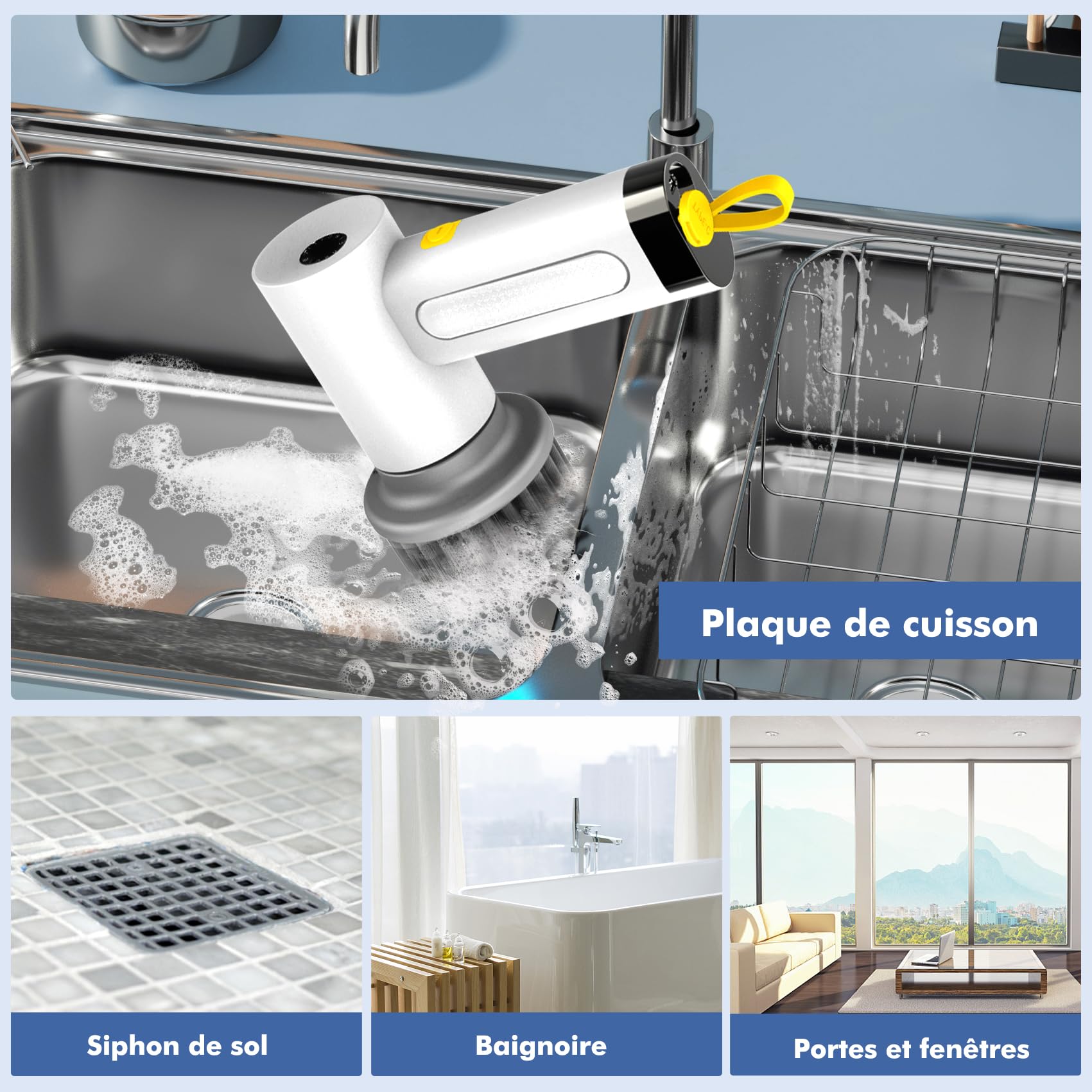 Brosse de nettoyage électrique, Spin Scrubber pour salle de bain et joints, brosse de nettoyage pour la maison avec 5 têtes de brosse, 2 modes, parfait pour nettoyer en profondeur le carrelage, la