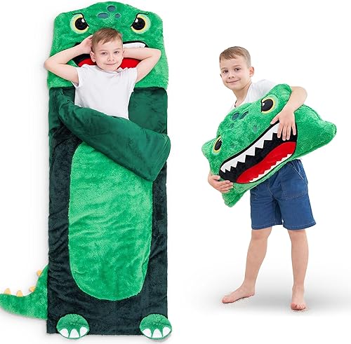 iPlay, iLearn Saco de dormir de dinosaurio para niños, tapete para siesta de niño pequeño, saco de dormir de felpa, almohada 2 en 1 para guardería,