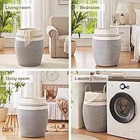 Vista 7 de OIAHOMY Cesta de lavandería tejida de cuerda de algodón grande de 25.6 pulgadas de altura, cesta curva moderna con asas de algodón extendidas