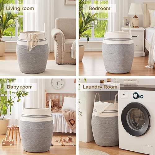 Miniatura 7 de OIAHOMY Cesta de lavandería tejida de cuerda de algodón grande de 25.6 pulgadas de altura, cesta curva moderna con asas de algodón extendidas para