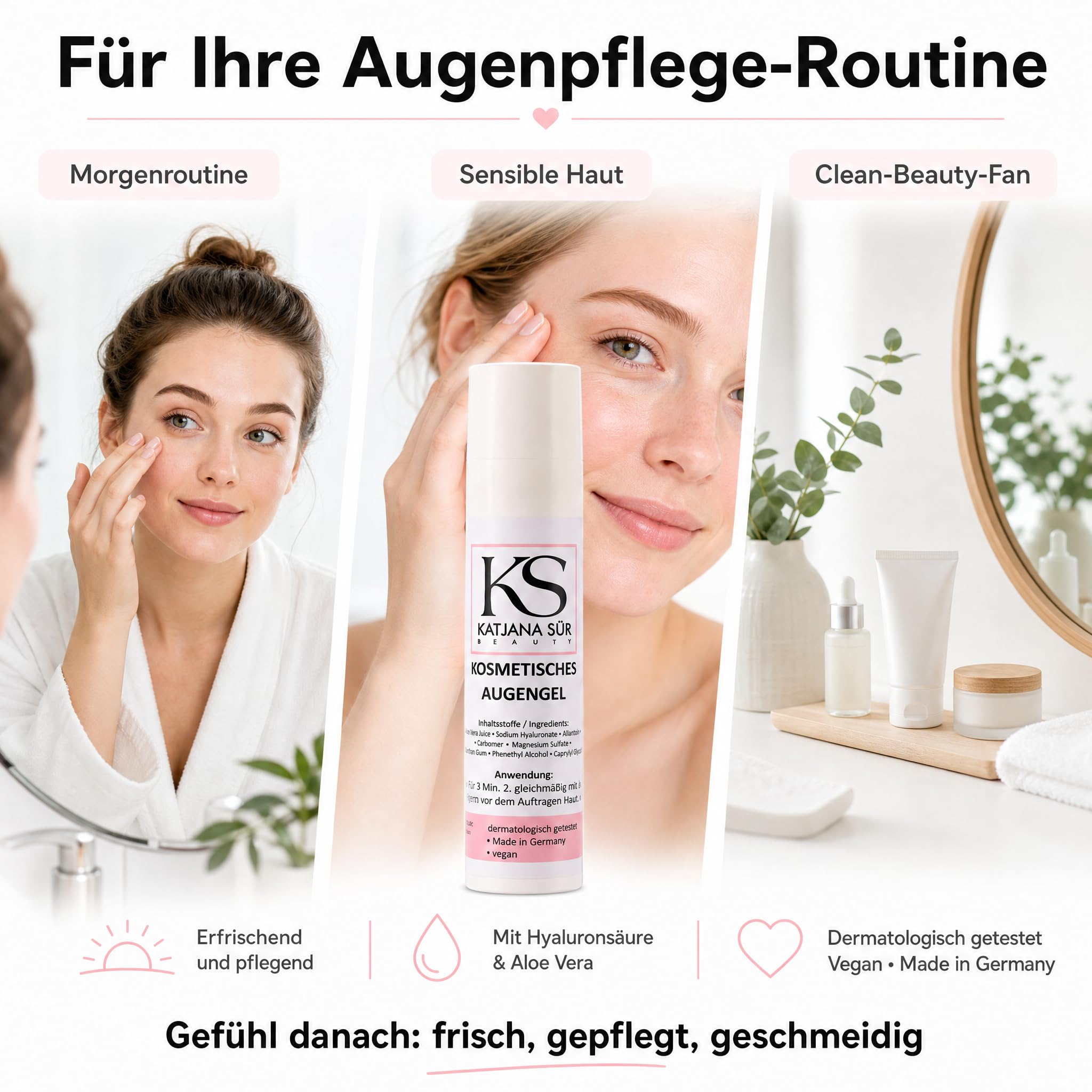 KS Beauty Kosmetisches Augengel Natur – Augengel mit Aloe Vera, Hyaluronsäure, Kornblumenextrakt & Allantoin (50 ml) | Leichtes Gel für die empfindliche Augenpartie – feuchtigkeitsspendend, vegan, dermatologisch getestet, Made in Germany