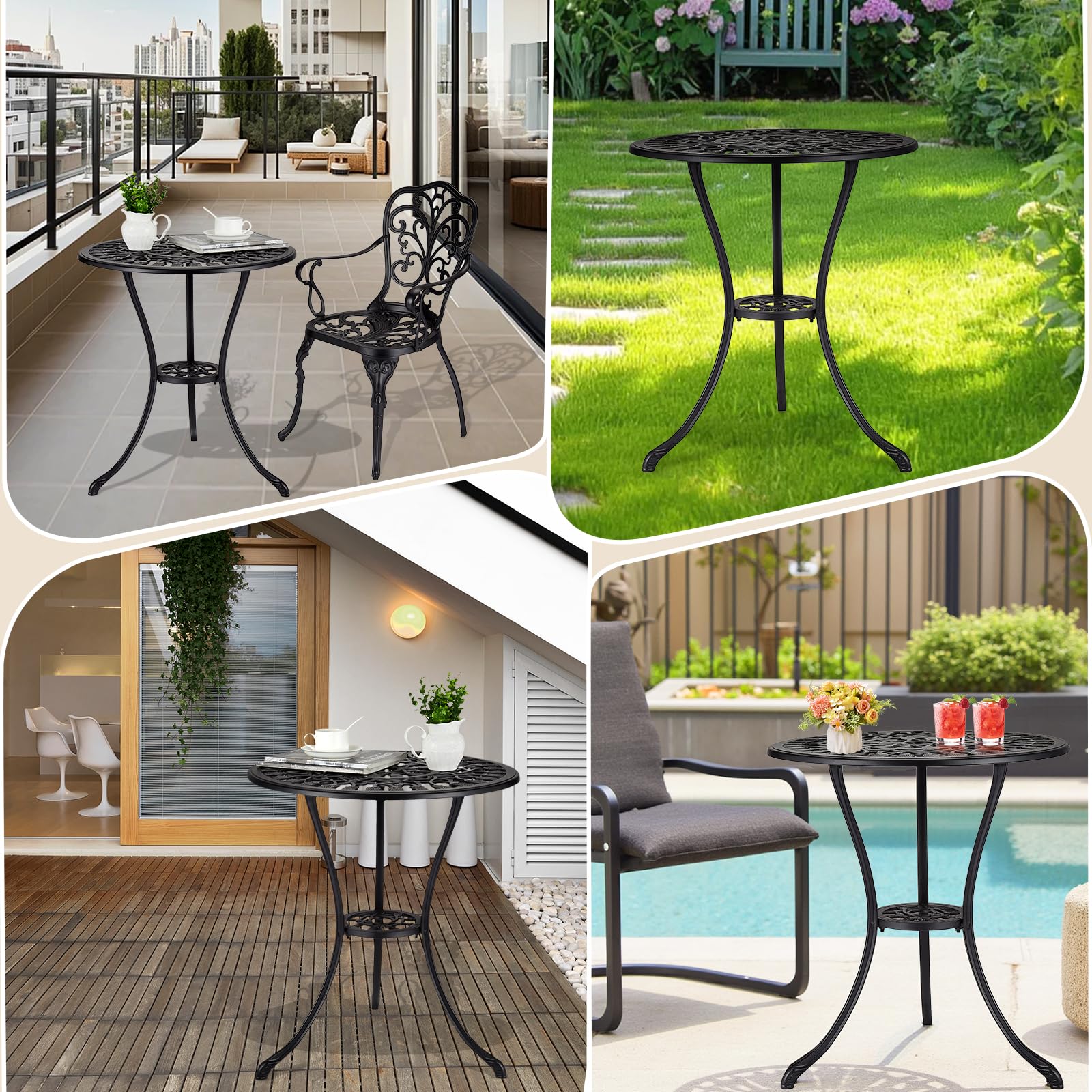 GarveeHome Mesa Bistró De Exterior Redonda De Aluminio Fundido con Orificio para Sombrilla, Mesa De Jardín Estilo Tulipán para Balcón, Terraza, Patio o Jardín, Negra