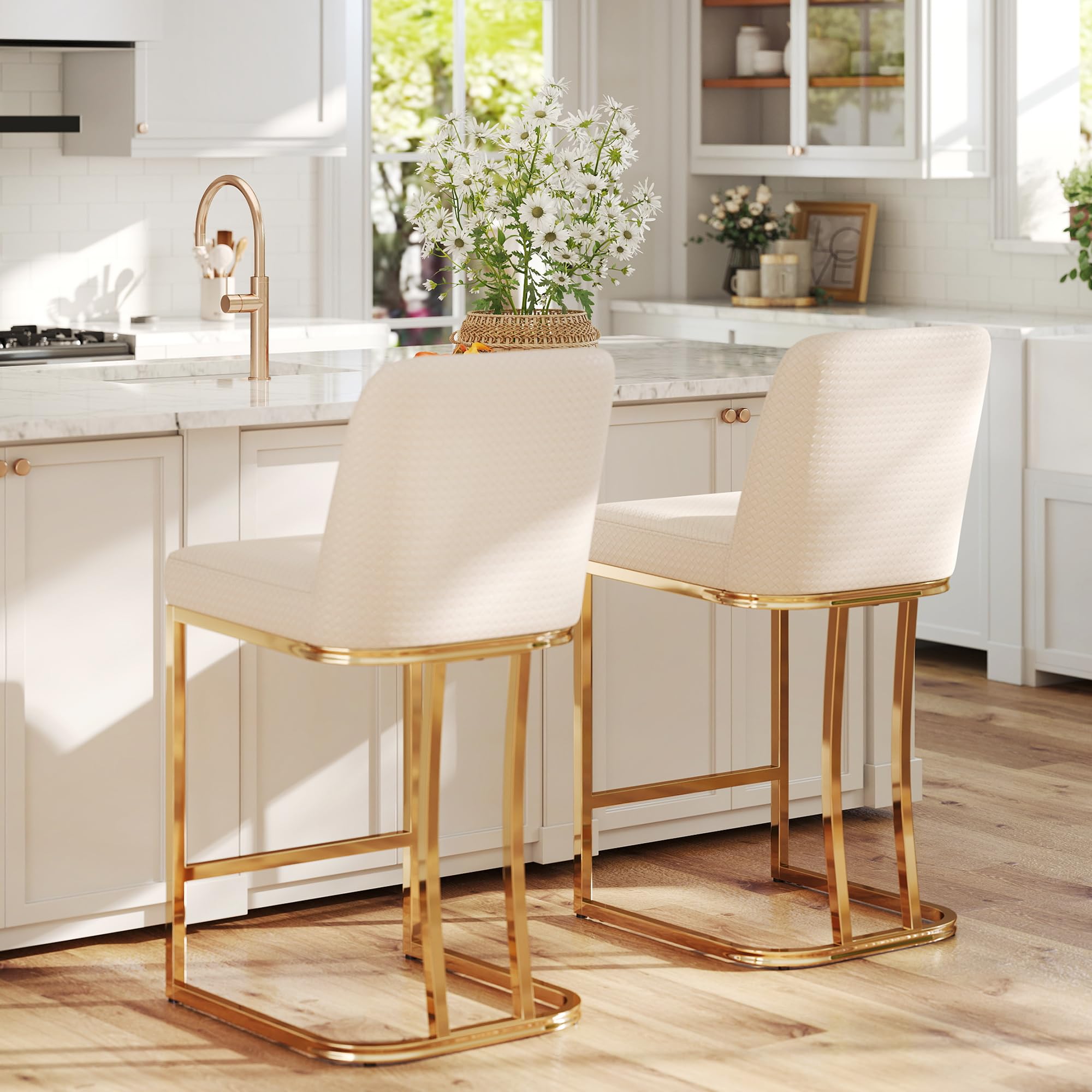 HNY Modern Counter Height Bar Stools Set of 2, 24inch Woven Faux Leather Upholstered Counter Stools for Kitchen Counter Island Beige woven Leather