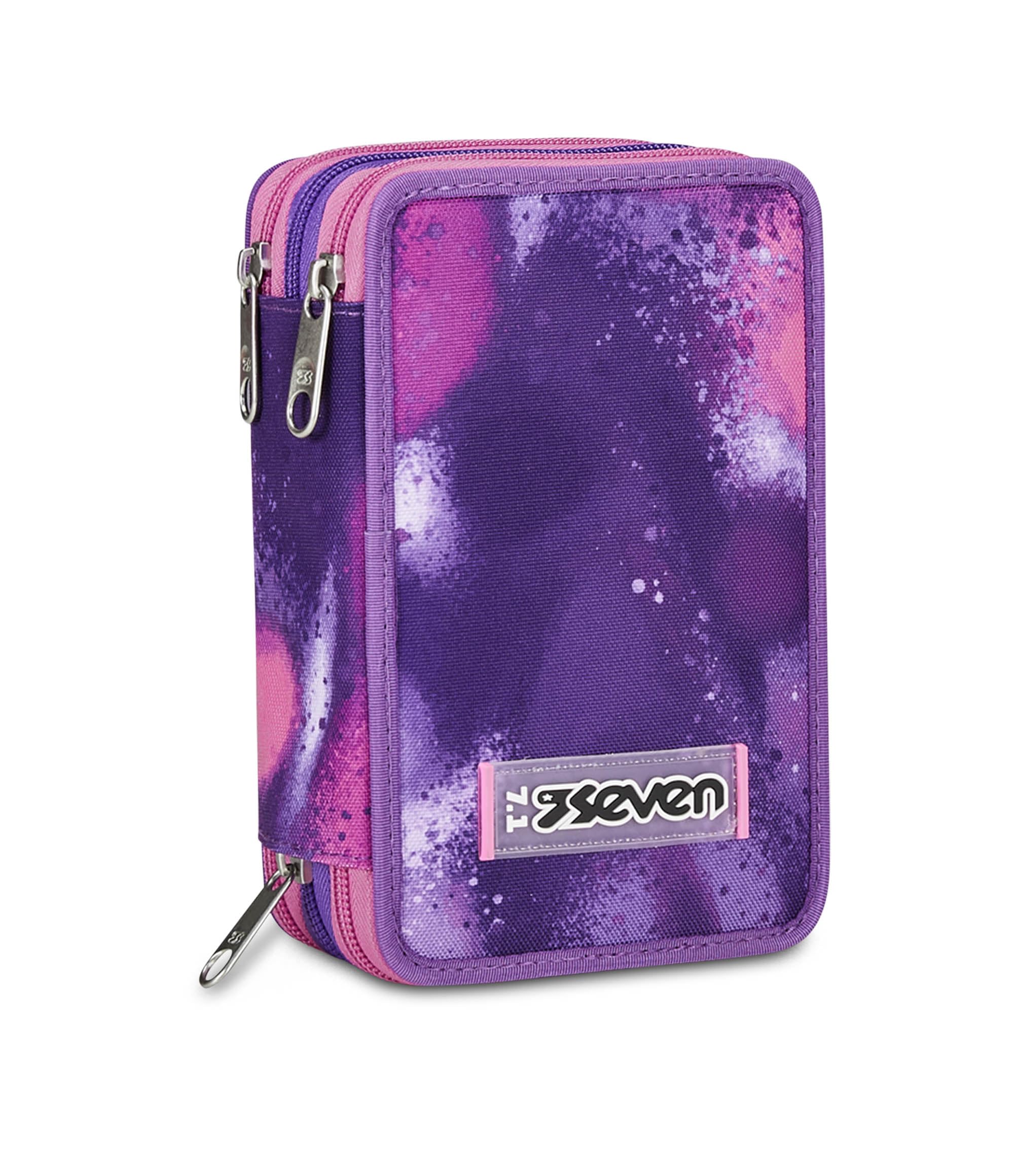 Seven Federmäppchen, Mäppchen, Mehrfarbig, Federtasche für Schreibwaren, Etui mit Stiften, Kugelschreiber, & mehr, 3 Fächer, Mädchen & Jungen, Schule - Grundschule, violett