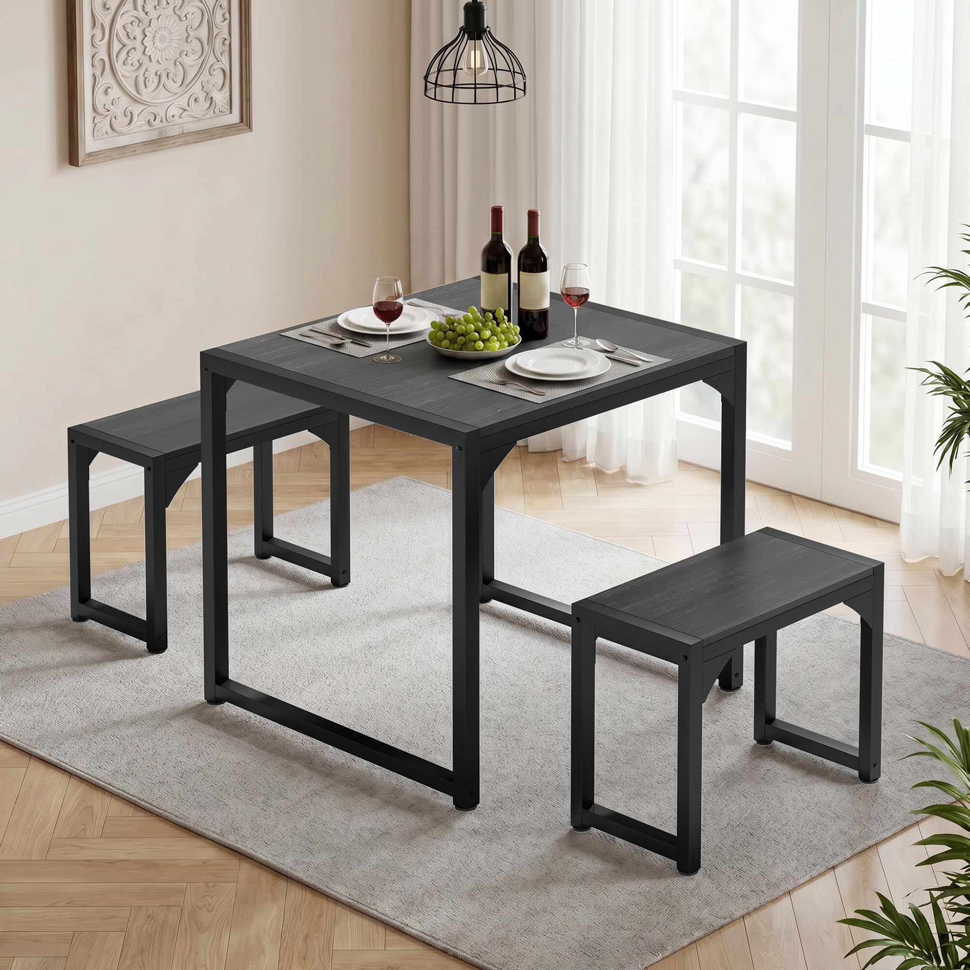Conjunto de Mesa y 2 Bancos de Comedor de 3 Piezas, Juego de Mesa de Cocina Ahorro de Espacio, Estructura de Metal Industrial Robusta, para Apartamentos Pequeños, Cocina (Negro)