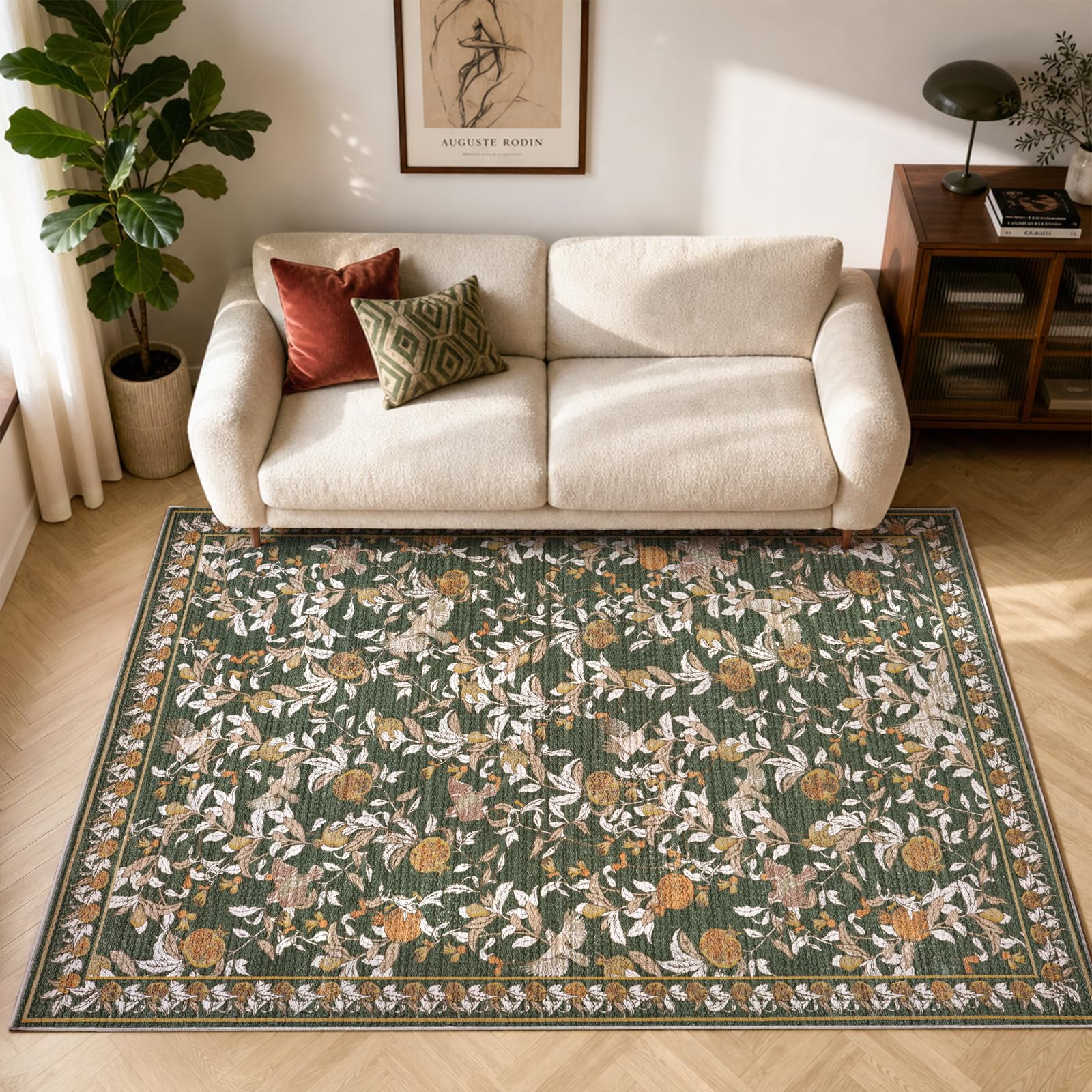 TOPICK Vintage Botanical Pomegranate & Bird Washable Area Rug 140x200cm, Stain Resistant Cashmere Texture, Anti-Crease Non-Slip, Lightweight Floor Carpet for Living Room Bedroom Lounge Dining, Green