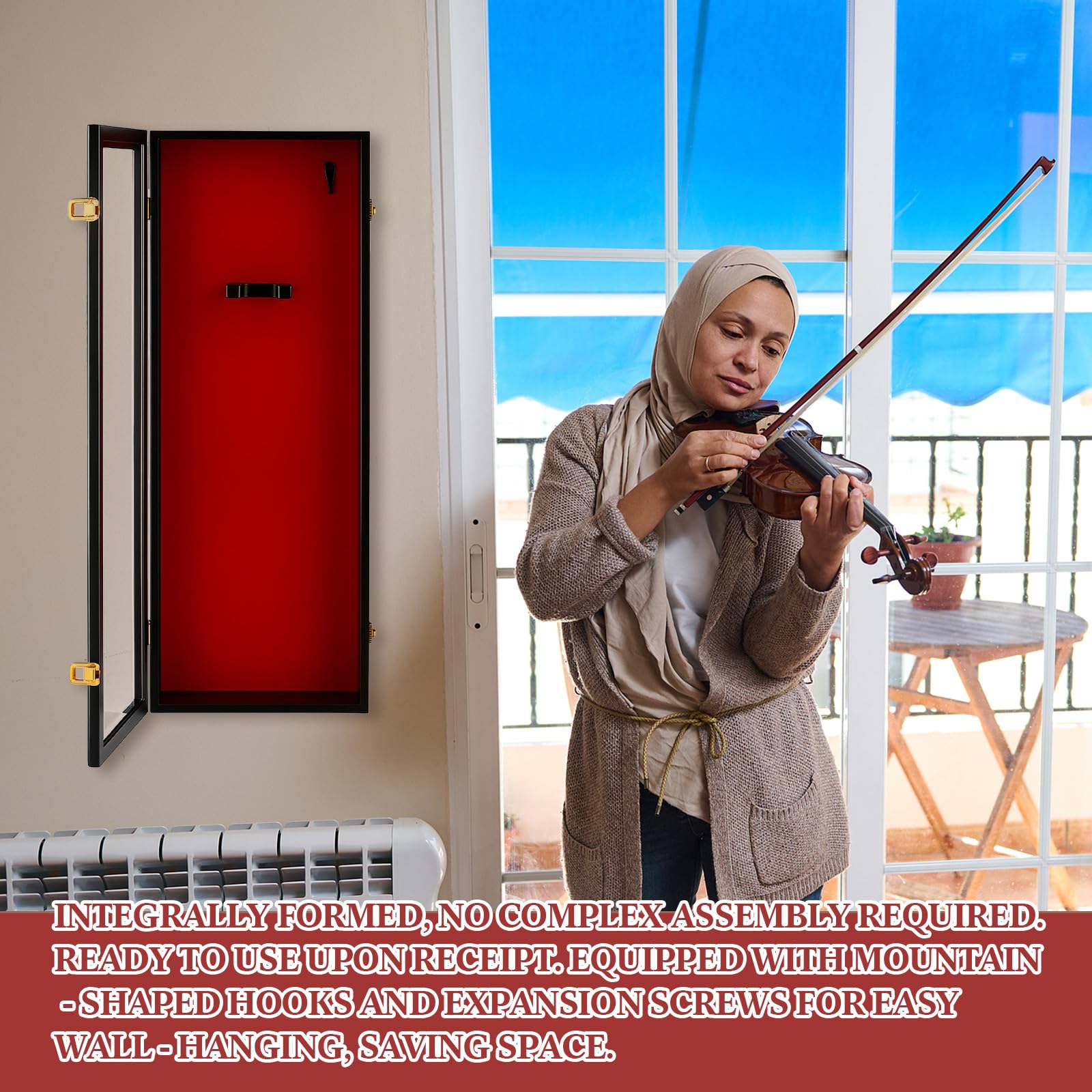 Silipull Espositore per violino da 33,25 '' con supporto per archetto e serratura per violino Supporto da parete per chitarra, violino, ukulele, con porta trasparente in acrilico per regalo natalizio