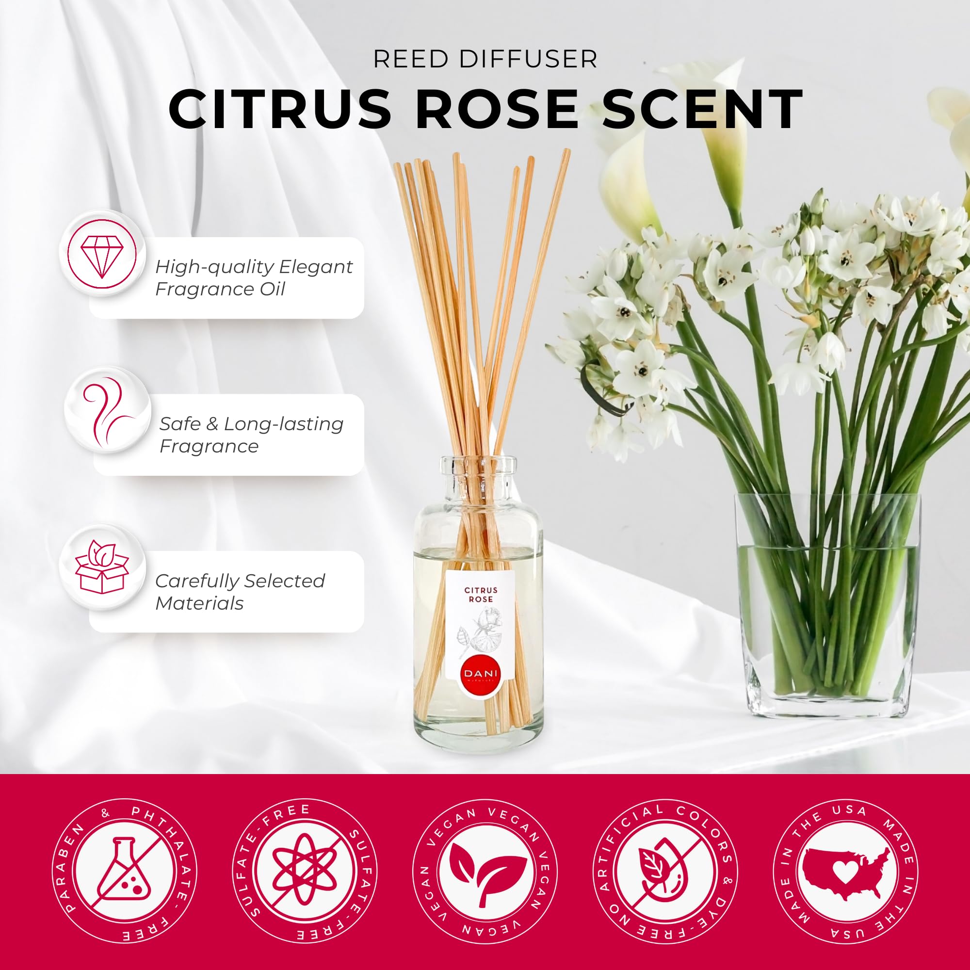 DANI Naturals Reed Diffuser Set - Citrus Rose Scent - Aromatherapy Essential Oils - Alcohol-Free, Non-Toxic, Eco-Friendly, 10 Reeds - 3.5 oz